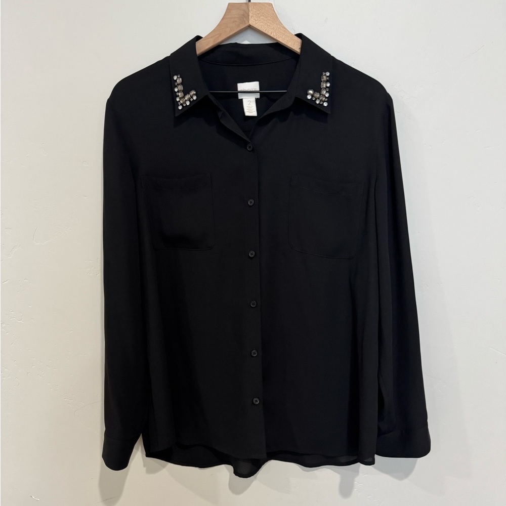 Chico’s Size 2 Women L Black Embellished Collar Button Front Blouse Top